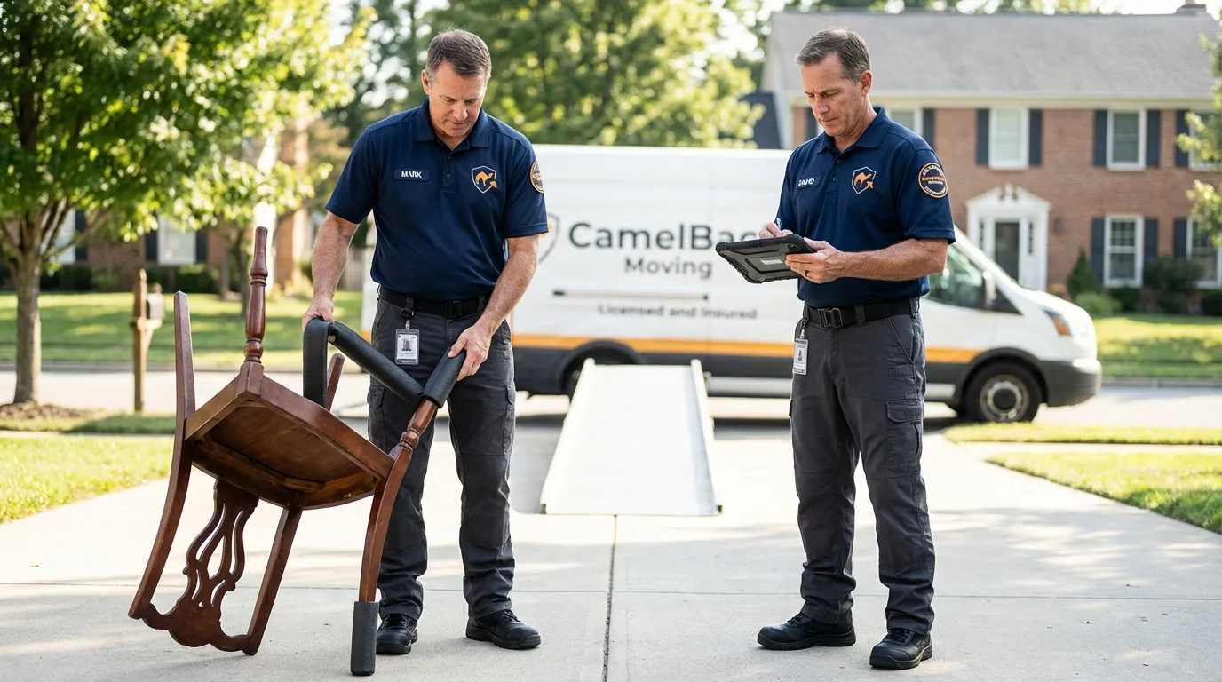 Movers inspecting furniture for damage prevention before loading in Girardville, PA