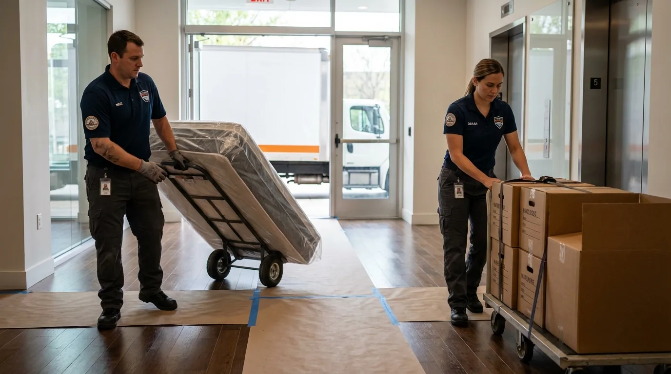 Professional apartment movers loading elevator in Girardville, PA